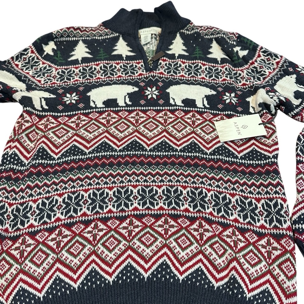 Aspen Men’s Holiday Quarter-Zip‎ Sweater Size M Fair Isle Polar Bear NWT